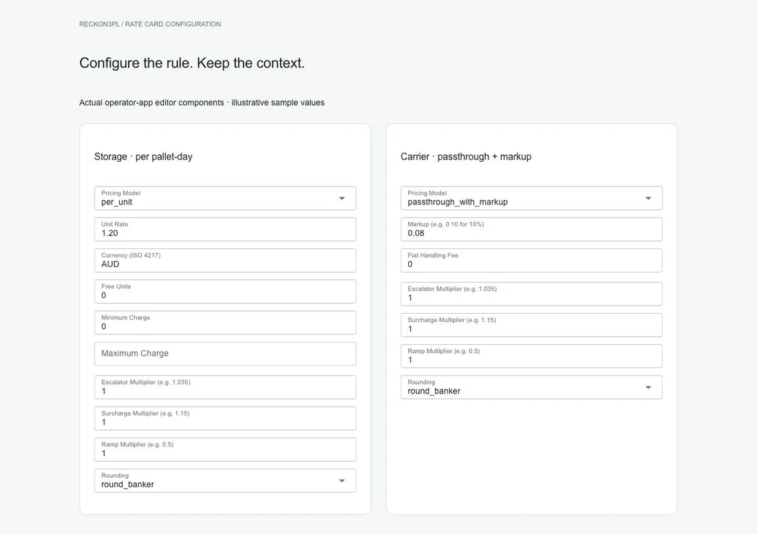 Actual Reckon3PL rate-card editor components with sample storage and carrier markup configurations, including currency and rounding controls.