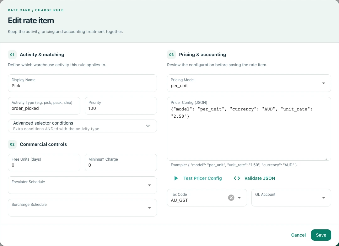 Actual Reckon3PL rate-item editing dialog with activity matching, commercial controls, pricing configuration and accounting fields using fictional demo data.